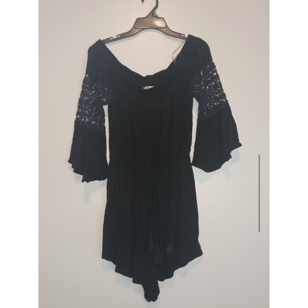 Witchy Whimisigoth Black Dark Academia Lace Crochet Off Shoulder Shorts Romper M